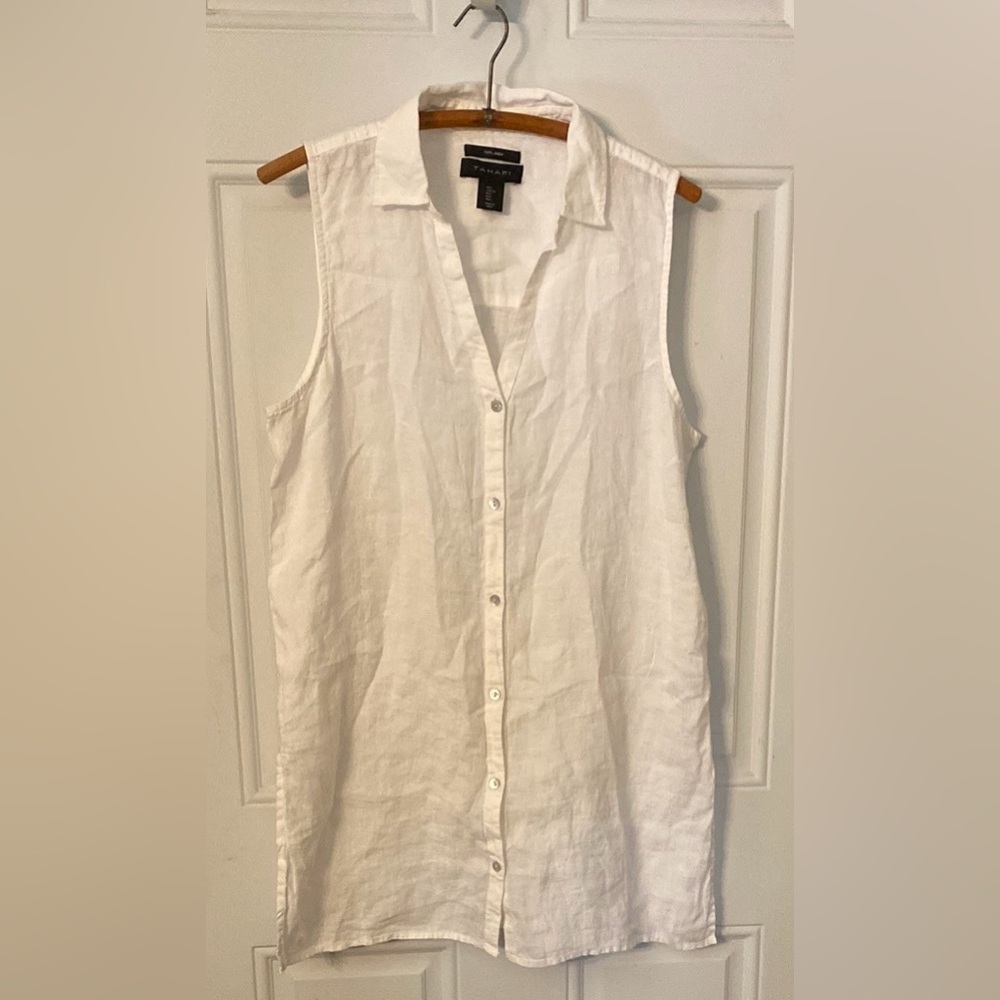 Tahari 100% Linen Sleeveless Woven Minimalist Coastal Tunic Top
